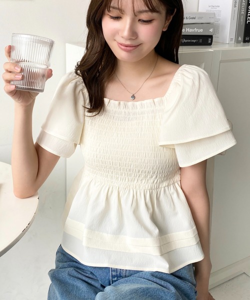 セール】シフォンジョーゼット半袖フリルシャーリングプル