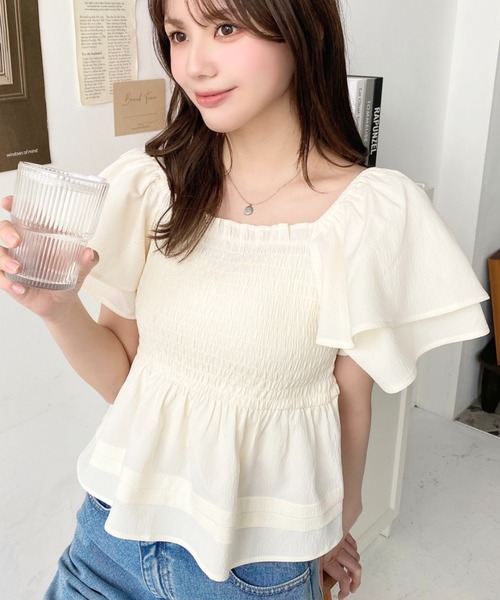 セール】シフォンジョーゼット半袖フリルシャーリングプル