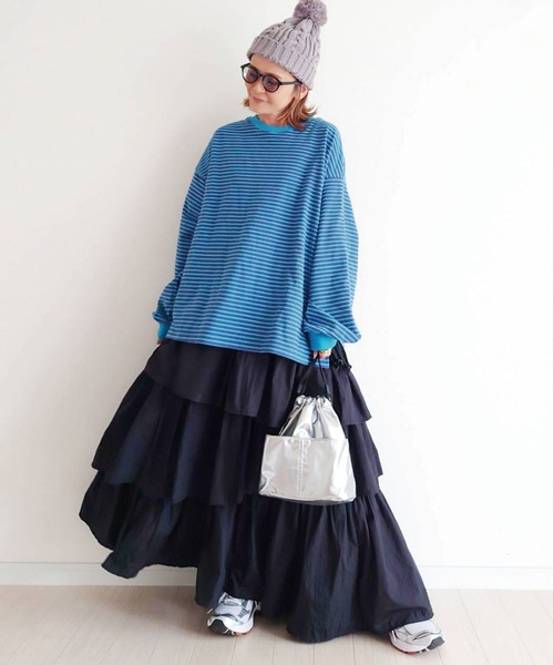 CORNERS（コーナーズ）の「CORNERS by yui　カラーボーダーボリュームスリーブトップス（Tシャツ/カットソー・レディース・ブラック/パープル/ピンク/ミント/ネイビー/サックスブルー/ブラウン・M）」の4枚目の写真