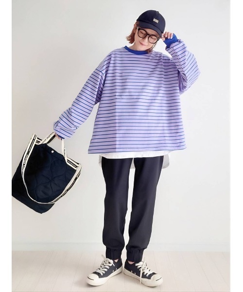 CORNERS（コーナーズ）の「CORNERS by yui　カラーボーダーボリュームスリーブトップス（Tシャツ/カットソー・レディース・ブラック/パープル/ピンク/ミント/ネイビー/サックスブルー/ブラウン・M）」の9枚目の写真