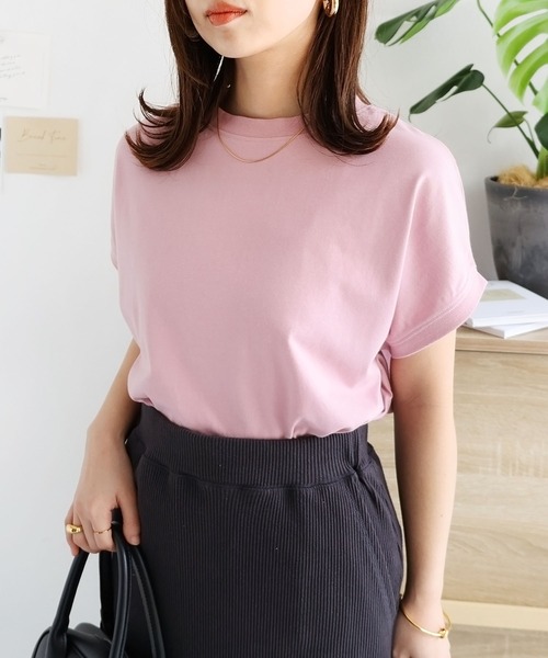andme（アンドミー）の「USAコットン汗染み防止フレンチスリーブTシャツ（Tシャツ/カットソー・レディース・オフホワイト/ブラウン/ブラック/ターコイズブルー/ピンク/チャコールグレー・M）」の6枚目の写真