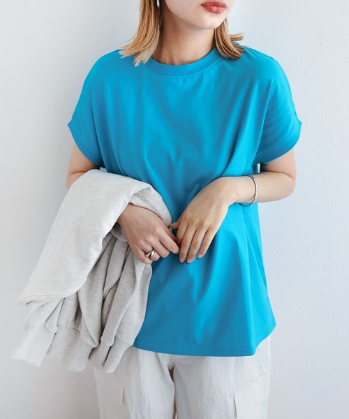 andme（アンドミー）の「USAコットン汗染み防止フレンチスリーブTシャツ（Tシャツ/カットソー・レディース・オフホワイト/ブラウン/ブラック/ターコイズブルー/ピンク/チャコールグレー・M）」の7枚目の写真