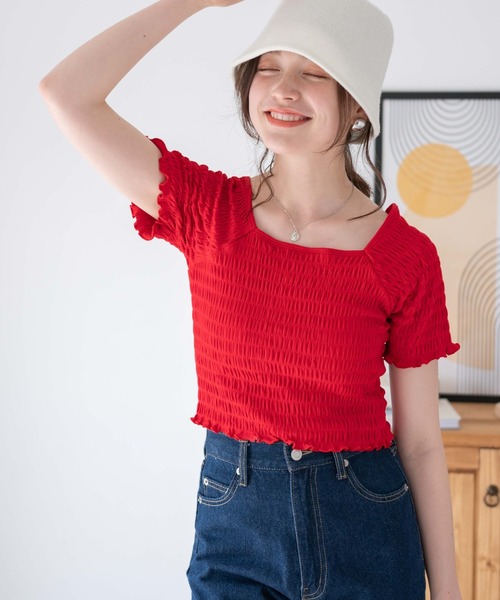 WEGO(ウィゴー)の「WEGO/スクエアネックシャーリングメロウT(Tシャツ/カットソー・レディース・ホワイト/レッド/ブラック・FREE)」の3枚目の写真