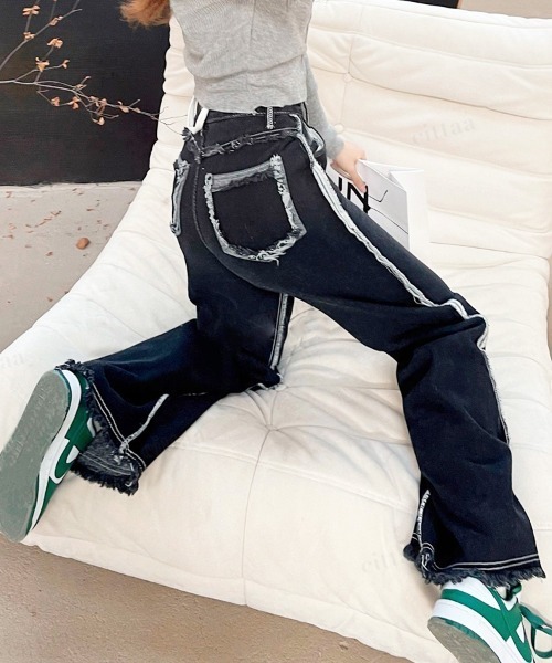Dalfwin（ダールフィン）の「韓国ファッション アウトステッチダメージデニムパンツ ジーンズ（デニムパンツ・レディース・ブラック/ダークブルー・SMALL/MEDIUM/LARGE）」の5枚目の写真