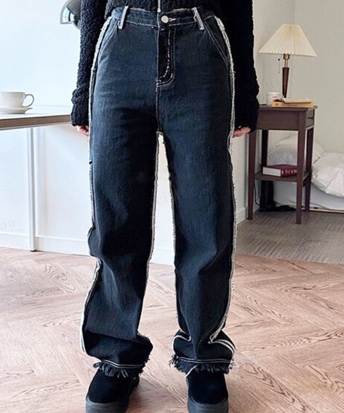 Dalfwin（ダールフィン）の「韓国ファッション アウトステッチダメージデニムパンツ ジーンズ（デニムパンツ・レディース・ブラック/ダークブルー・SMALL/MEDIUM/LARGE）」の9枚目の写真