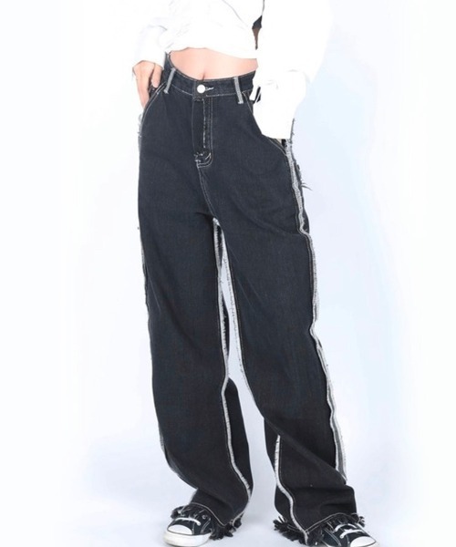 Dalfwin（ダールフィン）の「韓国ファッション アウトステッチダメージデニムパンツ ジーンズ（デニムパンツ・レディース・ブラック/ダークブルー・SMALL/MEDIUM/LARGE）」の10枚目の写真