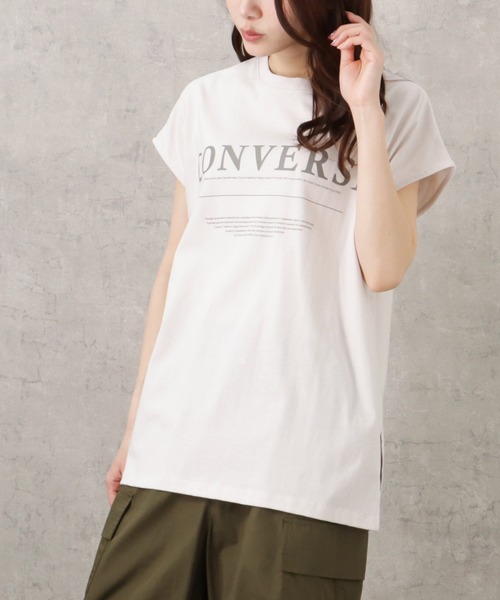 CONVERSE(コンバース)の「CONVERSE コンバース サイドスリット入りフレンチスリーブTシャツ(Tシャツ/カットソー・レディース・ブラック/ホワイト/ライトベージュ・L/M)」の3枚目の写真