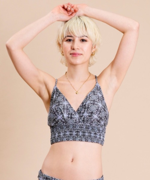 【セール】【ムラサキスポーツ別注】DEFIANCE/ディファイアンス エスニック柄/ボタニカル柄/リーフ柄/シャーリングビスチェビキニ/トップス単品水着 /セットアップ対応 DF23-TO10-DSG（水着）｜DEFIANCE（DEFIANCE）