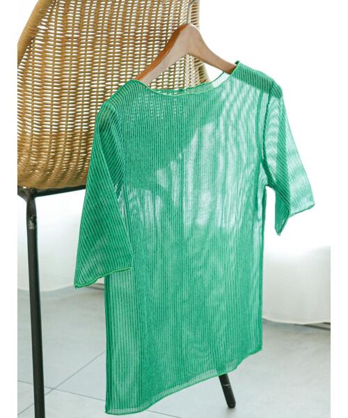 Te chichi（テチチ）の「シアーストライプ5分袖プルオーバー（Tシャツ/カットソー・レディース・チャコールグレー/オフホワイト/グリーン・F）」の4枚目の写真