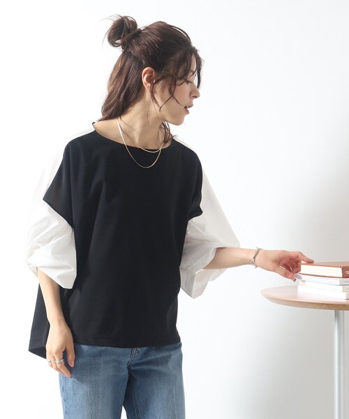 SHOO・LA・RUE（シューラルー）の「◆ボリューム袖が華奢見え。異素材ねじりトップス（Tシャツ/カットソー・レディース・ブラック系4/ライトグリーン系/ベージュ系その他7・00）」の2枚目の写真