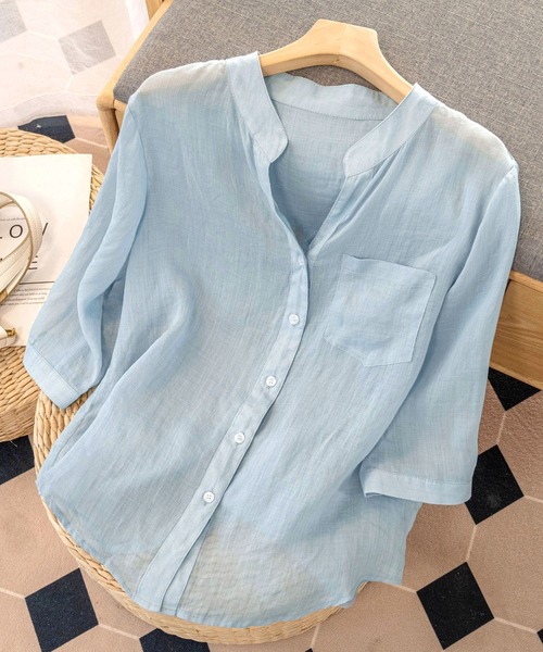 BLANC FICELLE(ブランフィセル)の「薄手 7分袖シャツ(シャツ/ブラウス・メンズ・ネイビー/ホワイト/ブルー・L/XL/M)」の3枚目の写真