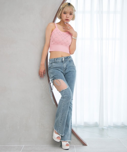 セール】セクシー開きストレッチフレアデニムパンツ（デニム