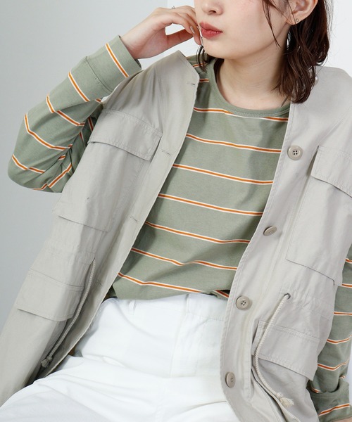 hunch(ハンチ)の「hunch OE 天竺 バックラウンドヘム ボーダーPO(Tシャツ/カットソー・レディース・グリーン系/ピンク系/ブラウン系/パープル系・FREE)」の1枚目の写真