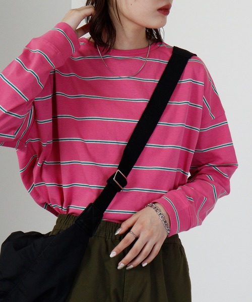 hunch(ハンチ)の「hunch OE 天竺 バックラウンドヘム ボーダーPO(Tシャツ/カットソー・レディース・グリーン系/ピンク系/ブラウン系/パープル系・FREE)」の4枚目の写真
