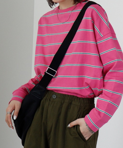 hunch(ハンチ)の「hunch OE 天竺 バックラウンドヘム ボーダーPO(Tシャツ/カットソー・レディース・グリーン系/ピンク系/ブラウン系/パープル系・FREE)」の20枚目の写真