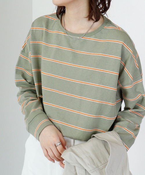 hunch(ハンチ)の「hunch OE 天竺 バックラウンドヘム ボーダーPO(Tシャツ/カットソー・レディース・グリーン系/ピンク系/ブラウン系/パープル系・FREE)」の11枚目の写真