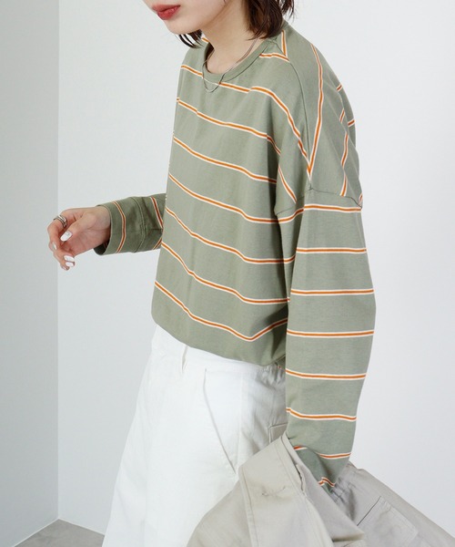 hunch(ハンチ)の「hunch OE 天竺 バックラウンドヘム ボーダーPO(Tシャツ/カットソー・レディース・グリーン系/ピンク系/ブラウン系/パープル系・FREE)」の12枚目の写真