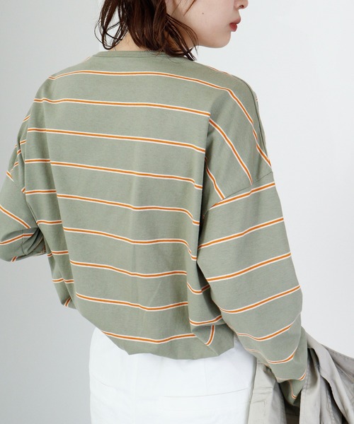 hunch(ハンチ)の「hunch OE 天竺 バックラウンドヘム ボーダーPO(Tシャツ/カットソー・レディース・グリーン系/ピンク系/ブラウン系/パープル系・FREE)」の13枚目の写真