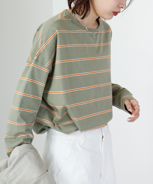 hunch(ハンチ)の「hunch OE 天竺 バックラウンドヘム ボーダーPO(Tシャツ/カットソー・レディース・グリーン系/ピンク系/ブラウン系/パープル系・FREE)」の14枚目の写真
