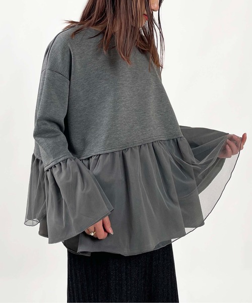 PICCIN(ピッチン)の「【WEB限定】ダンボールニット 裾&袖チュール 長袖プルオーバー(Tシャツ/カットソー・レディース・オフホワイト/チャコールグレー/ブラック・M/L)」の3枚目の写真