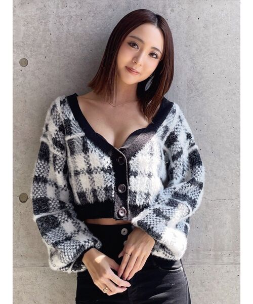 GYDA（ジェイダ）の「【セットアップ着用可】2WAYシャギーCHECK PATTERN ニット トップス（ニット/セーター・レディース・ブラック/アイボリー・FREE）」の14枚目の写真
