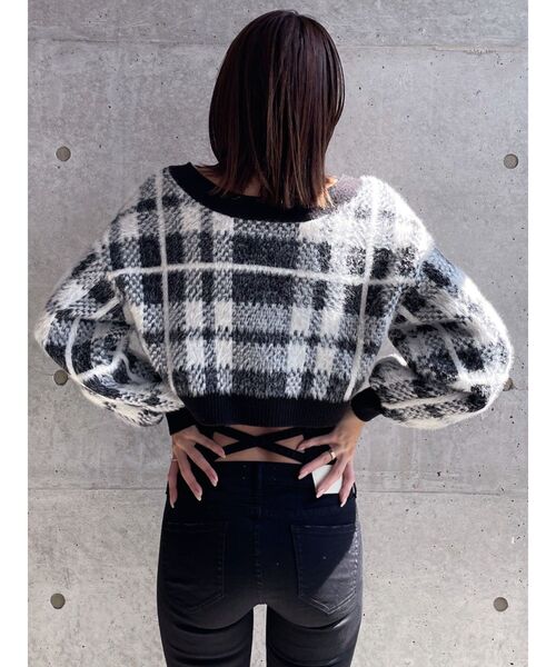 GYDA（ジェイダ）の「【セットアップ着用可】2WAYシャギーCHECK PATTERN ニット トップス（ニット/セーター・レディース・ブラック/アイボリー・FREE）」の16枚目の写真