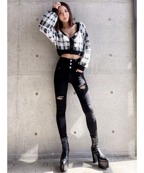 GYDA（ジェイダ）の「【セットアップ着用可】2WAYシャギーCHECK PATTERN ニット トップス（ニット/セーター・レディース・ブラック/アイボリー・FREE）」の18枚目の写真