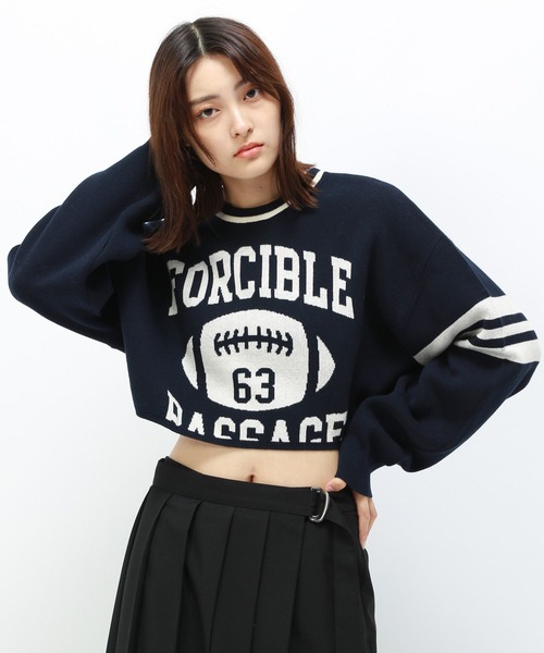 Anui（アニュイ）の「【UNISEX/選べる着丈】カレッジジャガードニットプルオーバー（ニット/セーター・レディース・ネイビー/オートミール・MEDIUM/SMALL）」の2枚目の写真