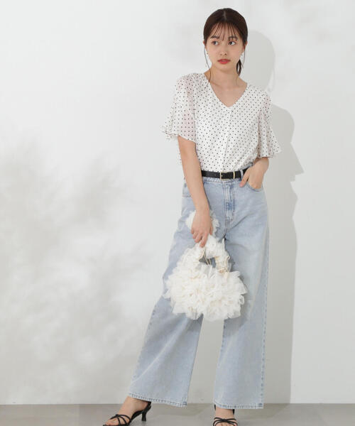 マンシング デニムブルー フリルスカートとホワイトショットパンツ マンシング デニムブルー フリルスカートとホワイトショット