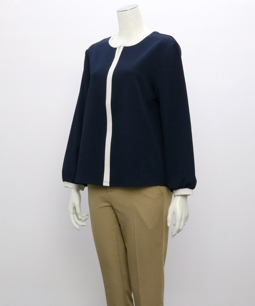 TOKYO SHIRTS（トウキョウシャツ）の「配色センターシーム 長袖ブラウス（Tシャツ/カットソー・レディース・ネイビー/ブルーグリーン/アイボリー・L/M）」の5枚目の写真