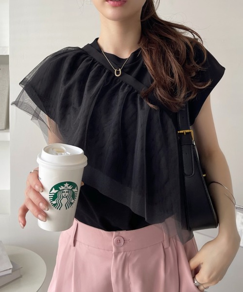 Eclat one(エクラワン)の「マルチウェイ グラデーション チュールフリル付き フレンチスリーブカットソー(Tシャツ/カットソー・レディース・ブラック/アイボリー/ライトグレー/チャコールグレー・FREE)」の5枚目の写真