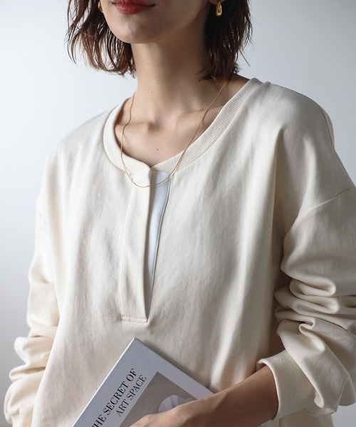 Bonjour Sagan（ボンジュールサガン）の「配色キーネックコクーンロンT（Tシャツ/カットソー・レディース・ネイビー/ライトグレー/アイボリー・FREE）」の10枚目の写真