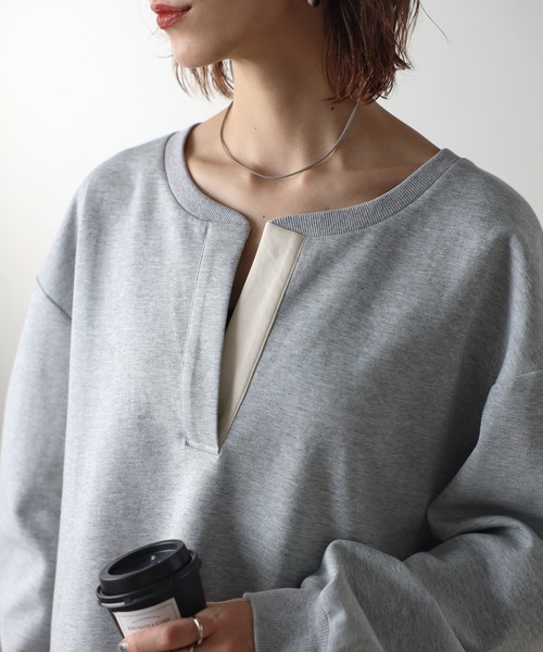 Bonjour Sagan（ボンジュールサガン）の「配色キーネックコクーンロンT（Tシャツ/カットソー・レディース・ネイビー/ライトグレー/アイボリー・FREE）」の16枚目の写真
