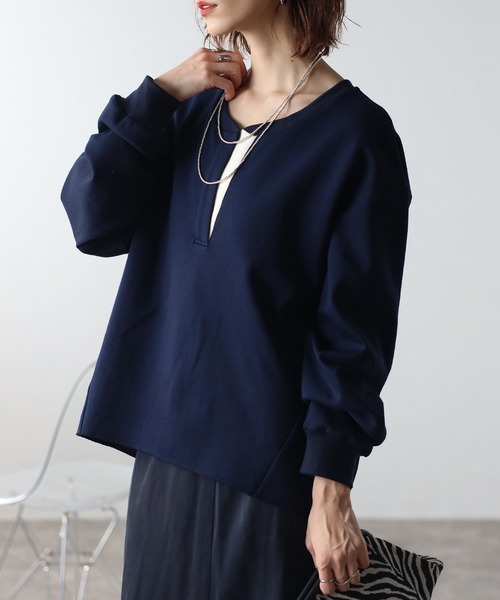Bonjour Sagan（ボンジュールサガン）の「配色キーネックコクーンロンT（Tシャツ/カットソー・レディース・ネイビー/ライトグレー/アイボリー・FREE）」の21枚目の写真