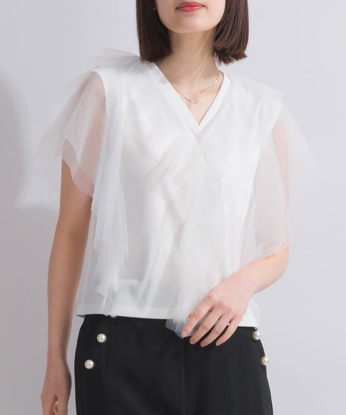 PICCIN（ピッチン）の「【WEB限定】チュールラッフルフリルノースリーブ（Tシャツ/カットソー・レディース・ブラック/オフホワイト・M）」の4枚目の写真