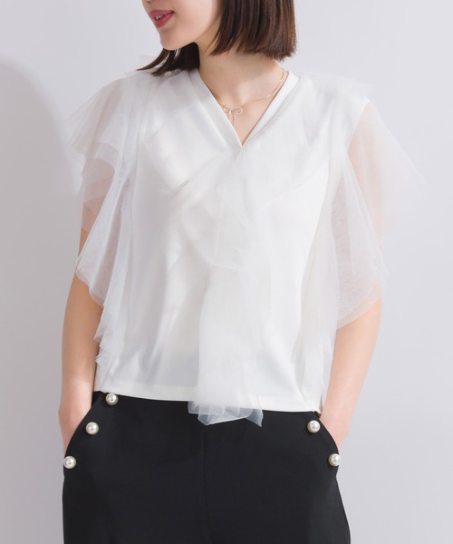 PICCIN（ピッチン）の「【WEB限定】チュールラッフルフリルノースリーブ（Tシャツ/カットソー・レディース・ブラック/オフホワイト・M）」の7枚目の写真