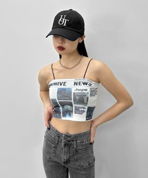 【LVEU.】デザインチューブトップ / トップス カットソー チューブトップ ベアトップ プリント 総柄 ストレッチ インナー ホワイト ブルー ライトグレー オレンジ
