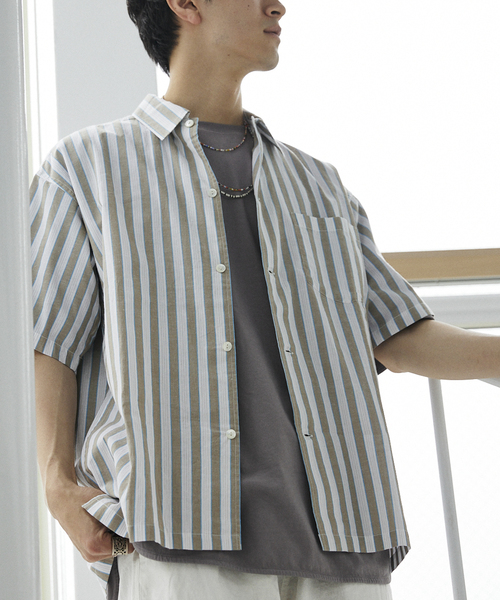 JOURNAL STANDARD relume（ジャーナルスタンダード　レリューム）の「Singla textiles マルチストライプ半袖シャツ By India（シャツ/ブラウス・メンズ・ブラウン系その他/ベージュ/ブルー系その他・MEDIUM/LARGE）」の9枚目の写真