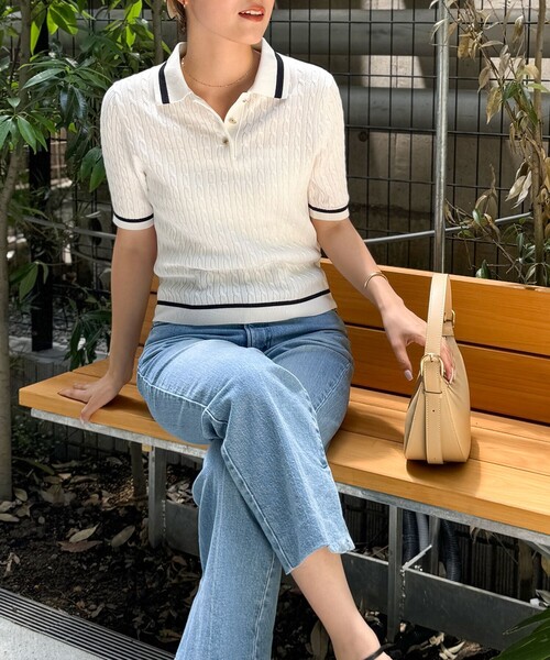 NOLLEY’S（ノーリーズ）の「《手洗い可能》ポロ衿 配色半袖ケーブルプルオーバーニット（ニット/セーター・レディース・ブルー系その他7/ホワイト系その他4・38）」の3枚目の写真