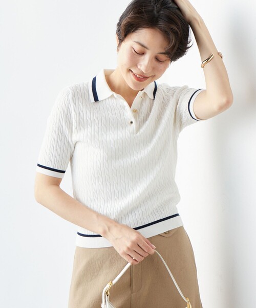 NOLLEY’S（ノーリーズ）の「《手洗い可能》ポロ衿 配色半袖ケーブルプルオーバーニット（ニット/セーター・レディース・ブルー系その他7/ホワイト系その他4・38）」の9枚目の写真