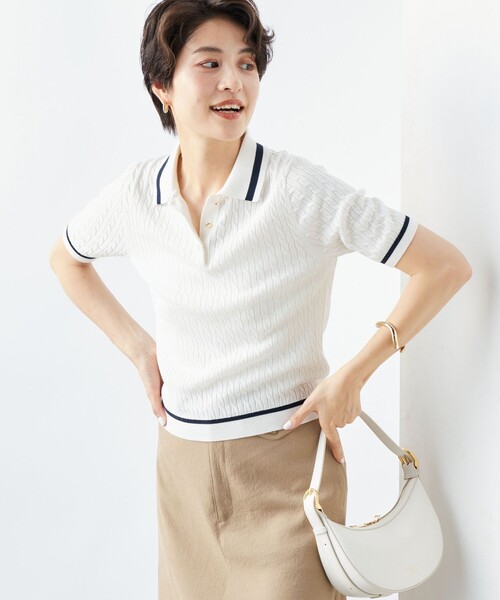 NOLLEY’S（ノーリーズ）の「《手洗い可能》ポロ衿 配色半袖ケーブルプルオーバーニット（ニット/セーター・レディース・ブルー系その他7/ホワイト系その他4・38）」の10枚目の写真