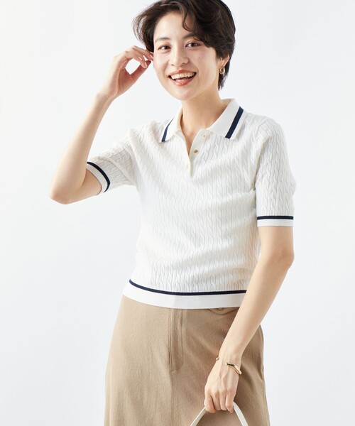 NOLLEY’S（ノーリーズ）の「《手洗い可能》ポロ衿 配色半袖ケーブルプルオーバーニット（ニット/セーター・レディース・ブルー系その他7/ホワイト系その他4・38）」の11枚目の写真