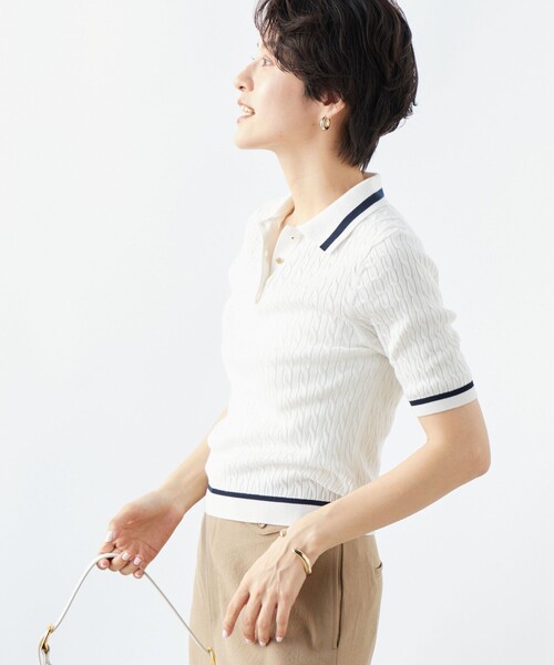 NOLLEY’S（ノーリーズ）の「《手洗い可能》ポロ衿 配色半袖ケーブルプルオーバーニット（ニット/セーター・レディース・ブルー系その他7/ホワイト系その他4・38）」の12枚目の写真