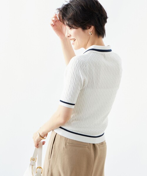 NOLLEY’S（ノーリーズ）の「《手洗い可能》ポロ衿 配色半袖ケーブルプルオーバーニット（ニット/セーター・レディース・ブルー系その他7/ホワイト系その他4・38）」の13枚目の写真