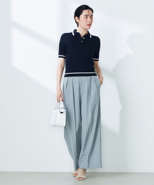 NOLLEY’S（ノーリーズ）の「《手洗い可能》ポロ衿 配色半袖ケーブルプルオーバーニット（ニット/セーター・レディース・ブルー系その他7/ホワイト系その他4・38）」の18枚目の写真