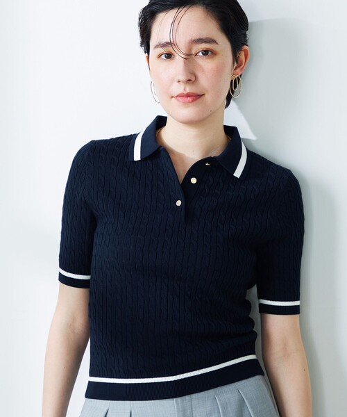 NOLLEY’S（ノーリーズ）の「《手洗い可能》ポロ衿 配色半袖ケーブルプルオーバーニット（ニット/セーター・レディース・ブルー系その他7/ホワイト系その他4・38）」の21枚目の写真