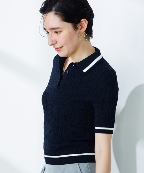 NOLLEY’S（ノーリーズ）の「《手洗い可能》ポロ衿 配色半袖ケーブルプルオーバーニット（ニット/セーター・レディース・ブルー系その他7/ホワイト系その他4・38）」の22枚目の写真