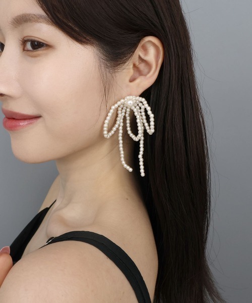 セール】パール ビッグ リボンピアス（ピアス（両耳用