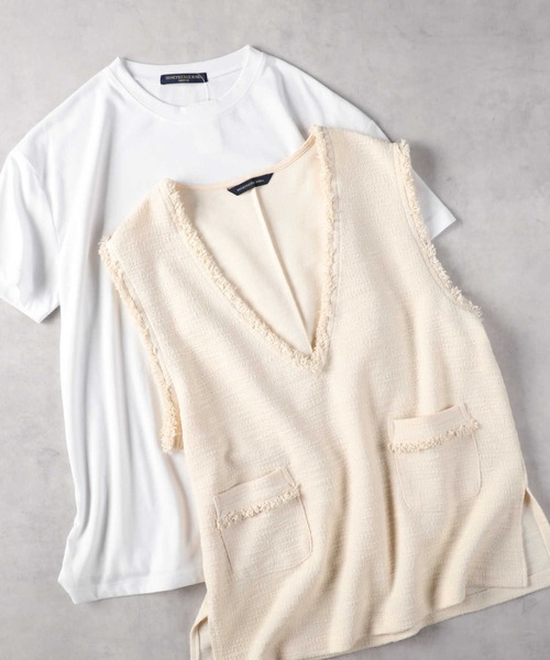 HONEYSUCKLE ROSE（ハニーサックルローズ）の「【HONEYSUCKLE ROSE】ツイードベスト半袖レイヤードTシャツ（ベスト・レディース・オフホワイト/ブラック・M/L）」の5枚目の写真