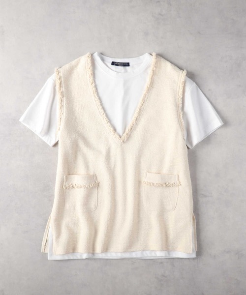 HONEYSUCKLE ROSE（ハニーサックルローズ）の「【HONEYSUCKLE ROSE】ツイードベスト半袖レイヤードTシャツ（ベスト・レディース・オフホワイト/ブラック・M/L）」の11枚目の写真